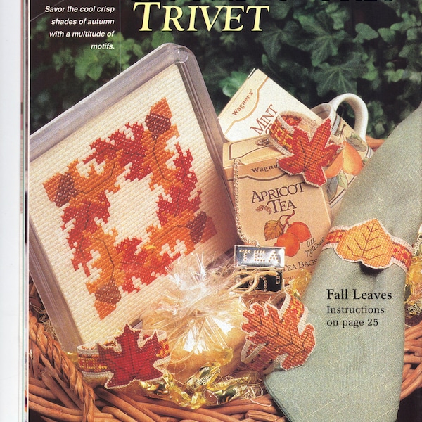 Counted Cross Stitch Thanksgiving/Fall Trivet/Hot Plate and Napkin Rings Acorn and Oak pattern and instructions