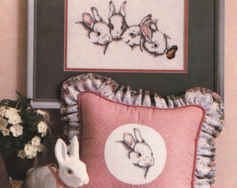Counted Cross Stitch Cottontails rabbits framed piece, pillow, box top pattern and instructions