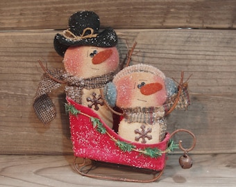 Primitive PATTERN Snowman Couple in Sled - Sleigh Riding Snowmen - Sew Many Prims - instant download