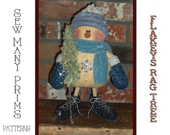 Primitive PATTERN Standing Snowman with Tree - Flakey's Rag Tree -  Sew Many Prims - instant download