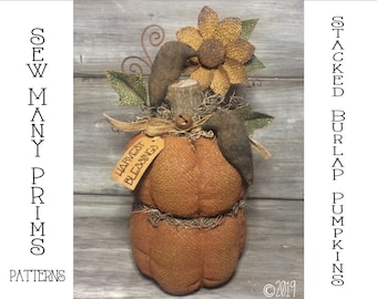 Pumpkin Sunflower Crow PATTERN, EASY, Thanksgiving, Fall, Autumn - Stacked Burlap Pumpkins - Sew Many Prims - instant download