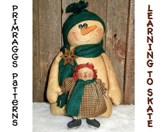 Primitive Snowman PATTERN Raggedy Ann - Learn to Skate - Primraggs -  instant download