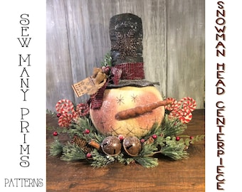Primitive PATTERN Snowman Head Centerpiece -swirly candy canes - Sew Many Prims - instant download