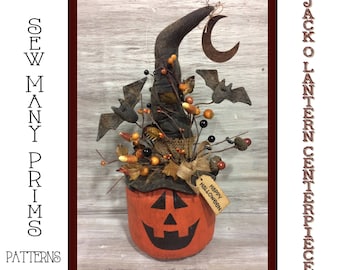 Primitive Halloween PATTERN JOL Witch Bat Moon - Jack O Lantern Centerpiece - Sew Many Prims - instant download