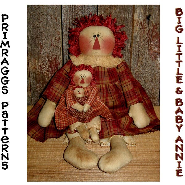 Primitive Puppe MUSTER Raggedy Ann 3 Größen - Groß, Klein & Baby Doll Annie - Primraggs - direkter download