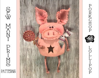 Pig PATTERN adorno primitivo de granja- Porkchop & Lollipop - Coser muchos Prims - descarga instantánea