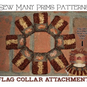Puede incluir: Un conjunto de ocho cuadrados de tela marrón y beige cosidos juntos en un círculo. Los cuadrados están hechos de una tela peluda y tienen un patrón a cuadros. El texto "Flag collar attachment made to fit Pumpkin Patty" es visible en la imagen.
