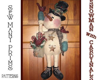 Primitive PATTERN Snowman Door Greeter or Wall Hanging - Snowman with Cardinals - Sew Many Prims -  instant download