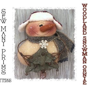 Primitive Snowman PATTERN Trapper Hat, Tree, Ornament- Woodland Ornie - Sew Many Prims - instant download