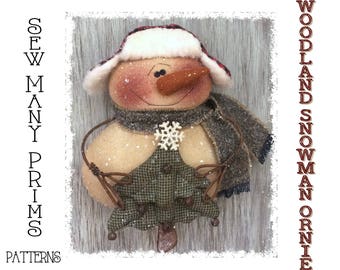 Primitive Snowman PATTERN Trapper Hat, Tree, Ornament- Woodland Ornie - Sew Many Prims - instant download