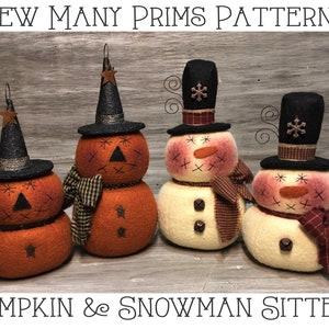 Snowman Pumpkin Sitters PATTERN, seasonal stump dolls, Jack 0 Lanterns, Halloween, Witch, Winter, Fall -  Sew Many Prims - instant download