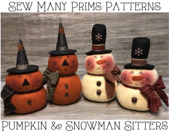 Snowman Pumpkin Sitters PATTERN, seasonal stump dolls, Jack 0 Lanterns, Halloween, Witch, Winter, Fall -  Sew Many Prims - instant download