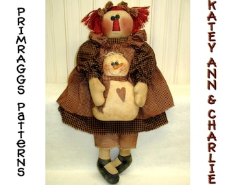 Primitive Doll PATTERN Raggedy holding Snowman - Katey Ann & Charlie- Primraggs -  instant download