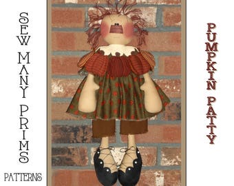 Primitive Rag Doll PATTERN - raggedy ann -autumn- harvest - pumpkin - Pumpkin Patty  - Sew Many Prims - instant download