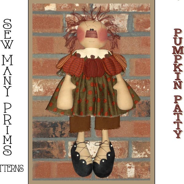 Primitive Rag Doll PATTERN - raggedy ann -autumn- harvest - pumpkin - Pumpkin Patty  - Sew Many Prims - instant download