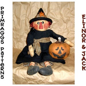 Primitive Witch PATTERN Prim Rag Doll Pumpkin JOL Jack O Lantern - Elinor & Jack - Fall - Halloween - Primraggs - instant download