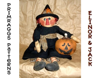 Primitive Witch PATTERN Prim Rag Doll Pumpkin JOL Jack O Lantern - Elinor & Jack - Fall - Halloween - Primraggs - instant download
