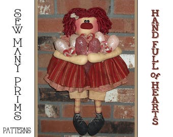 Primitive PATTERN Valentine's Day Raggedy Doll - Hand Full Of Hearts Annie - Sew Many Prims - instant download