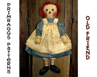 Primitive Raggedy Ann PATTERN - Old Friend - Cloth Rag Doll - Primraggs - instant download