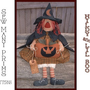 Witch PATTERN Primitive Raggedy Witch holding Jack O Lantern - Hildy n&#39; Lil Boo - Sew Many Prims - instant download