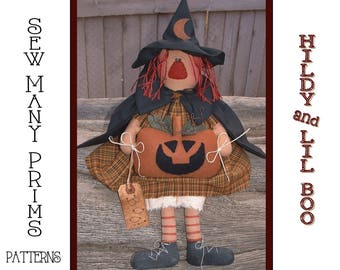 Witch PATTERN Primitive Raggedy Witch holding Jack O Lantern - Hildy n' Lil Boo - Sew Many Prims - instant download