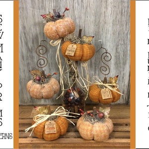 Peut inclure: Un trio de citrouilles rustiques faites à la main avec des accents en toile de jute et des étiquettes d'inspiration vintage. Les citrouilles sont exposées sur une surface en bois avec un bocal en verre rempli de bâtonnets de cannelle et d'autres décorations d'automne.