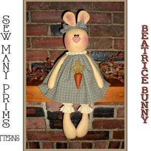 Op de afbeelding: Een handgemaakte stoffen konijnenpop met een geruite jurk en een wortelhanger. De pop heeft lange oren, een roze neus en een gefranjerde kraag. De tekst "BEATRICE BUNNY" staat rechts en "SEW MANY PRIMS PATTERNS" links.