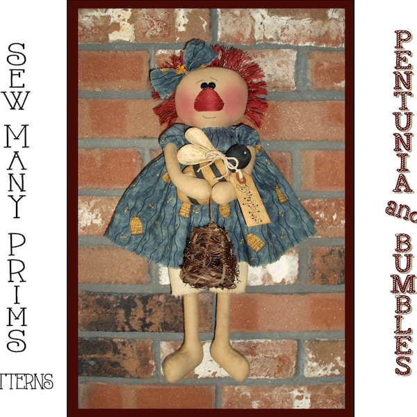 Raggedy Ann PATTERN - Petunia & Bumbles - Rag Doll Holding Bumble Bee - Sew Many Prims - download immediato