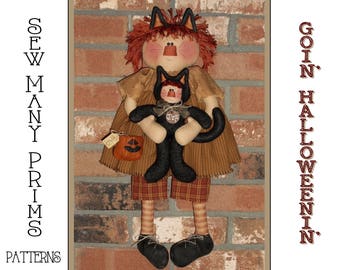 Rag Doll PATTERN Primitive Raggedy Ann holding Child in cat costume -Goin' Halloweenin' - Sew Many Prims - instant download