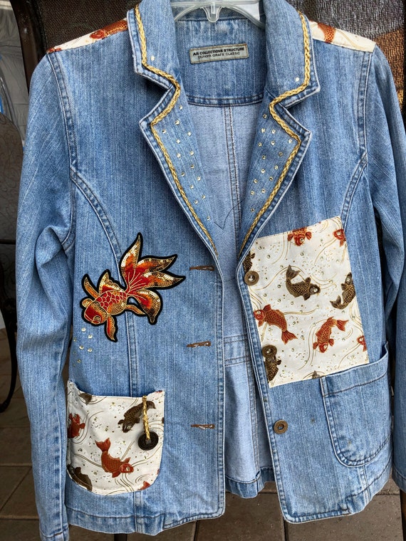 Koi Asian Fish Sequin Embellished Jean Jacket | Etsy