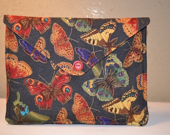 Tablet case in 100% cotton Butterfly pattern with matching gold dragon fly  lining.  Light, unique, one of a kind.