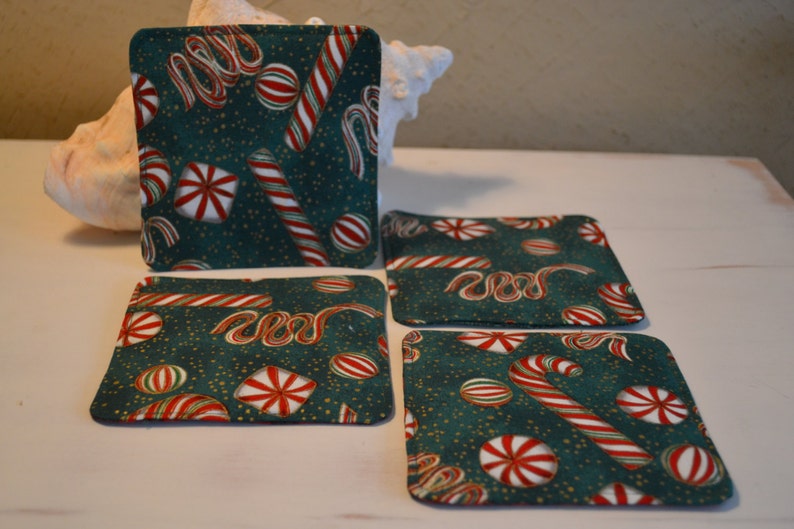 Coasters, Christmas pattern set of 4, reversible 100% cotton from Green/candy cane pattern to green small pattern on back image 3