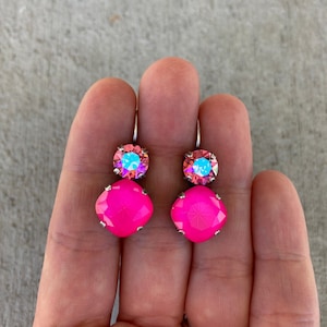 Rose Glacier & Neon Pink • Genuine Crystal 2 Stone Lever back Drop Earrings