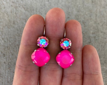 Rose Glacier & Neon Pink • Genuine Crystal 2 Stone Lever back Drop Earrings