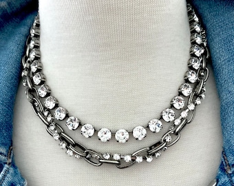 Antique Silver Twisted Rhinestone Chain Necklace layered with an 8mm Crystal Necklace