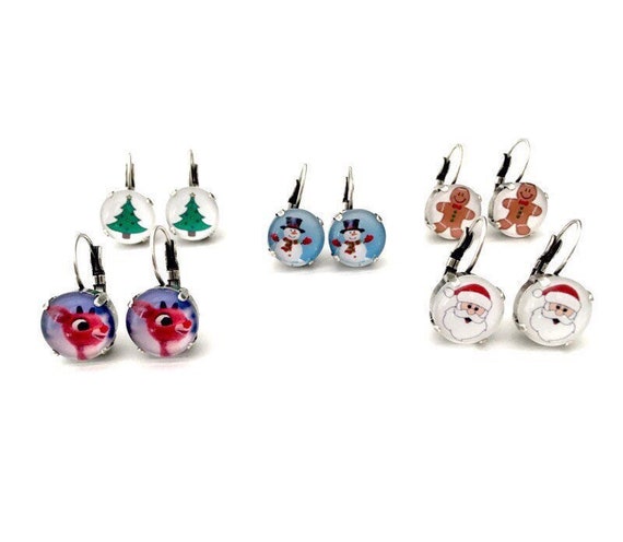 Christmas 12mm Lever back Drop Earrings • Santa Claus, Christmas Tree, Gingerbread Man, Rudolph Reindeer, Frosty the Snowman