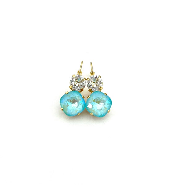 Ultra Turquoise & Clear • Genuine Austrian Crystal 2 Stone Lever back Drop Earrings