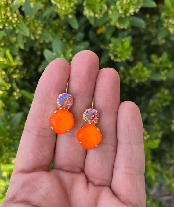 Rose Peach Glacier & Neon Orange • Genuine Crystal 2 Stone Lever