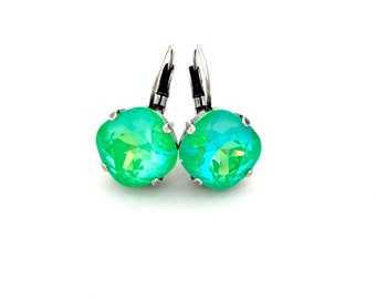 Last Pair! Glo Green 12mm Cushion Cut Genuine Austrian Crystal Lever back Drop Earrings