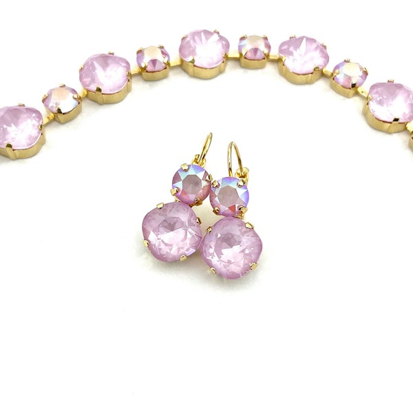 Pastel Rose & Rose AB • Genuine Austrian Crystal 2 Stone Lever back Drop Earrings