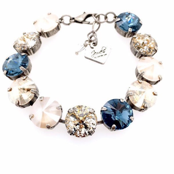 Goldust • Denim Blue 12mm Genuine Austrian Crystal Bracelet • Navy, Gold Patina, Ivory Cream, Golden Shadow