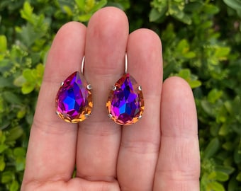 Peacock •  18x13mm Pear Genuine Crystal Lever back Earrings