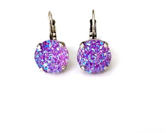 Purple Faux Druzy • 12mm Lever back Drop Earrings