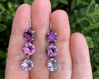 Perfect Plum • 3 Stone Genuine Austrian Crystal Drop Lever Back Earring