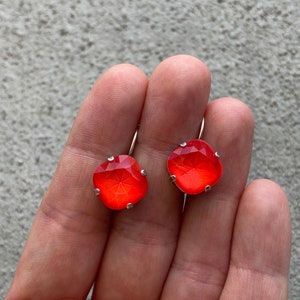 Neon Red 12mm Cushion Cut Genuine Crystal Lever back Earrings