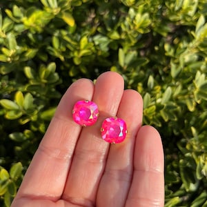 Candy Pink AB 12mm Cushion Cut Genuine Austrian Crystal Stud Earrings