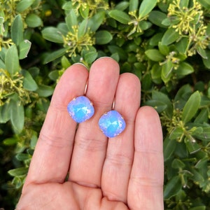 White Opal Vitrail Light 12mm Cushion Cut Genuine Austrian Crystal Lever back Drop Earrings