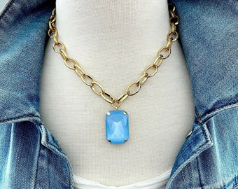 Sky Blue 27mm Rectangle Genuine Austrian Crystal Necklace