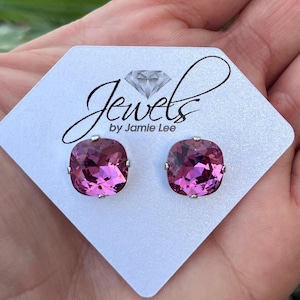 Dark Rose Genuine Austrian Crystal Cushion Cut 12mm Studs
