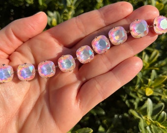 25% Off***Pink Opal AB • 12mm Genuine Crystal Cushion Cut Bracelet